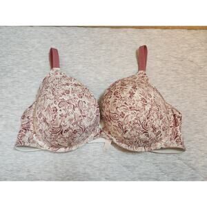 Cacique 44DD Bra‎ Lightly Lined Plunge Pink and white flowers Underwire Plus